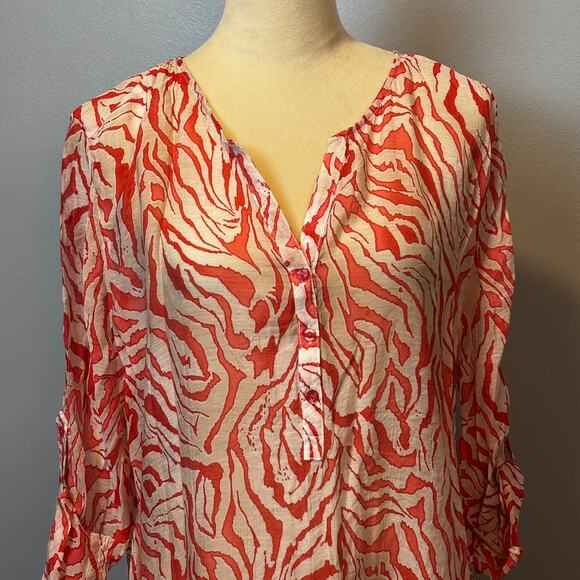 Grand & Greene Coral White Sheer Roll Sleeve Blouse Shell Buttons Tunic Resort L - Picture 3 of 6